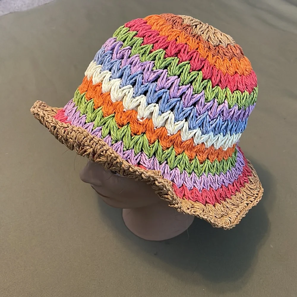 Hand-Crocheted Multicolor Raffia Bucket Hat - Picture 4 of 13